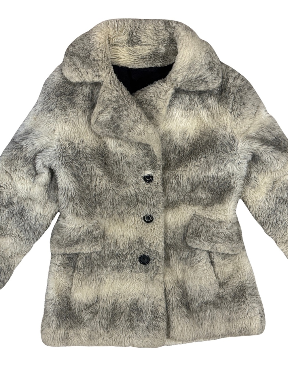 Vtg 70’s Faux Fur Button-Front Coat in Gray and Cream